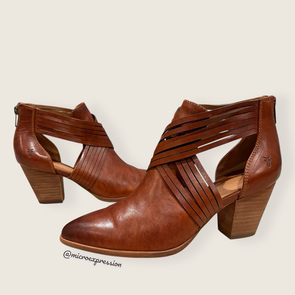 Frye Reed Horizon Boho Western Genuine Leather Cognac Brown Zip Up Ankle Boot